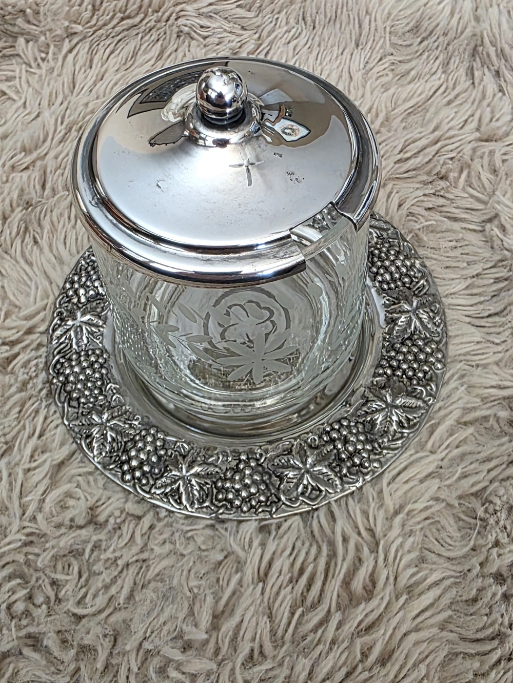 Vintage Glass Jam Jar Set w/ Silver Plated Lid & Grape Motif Underplate